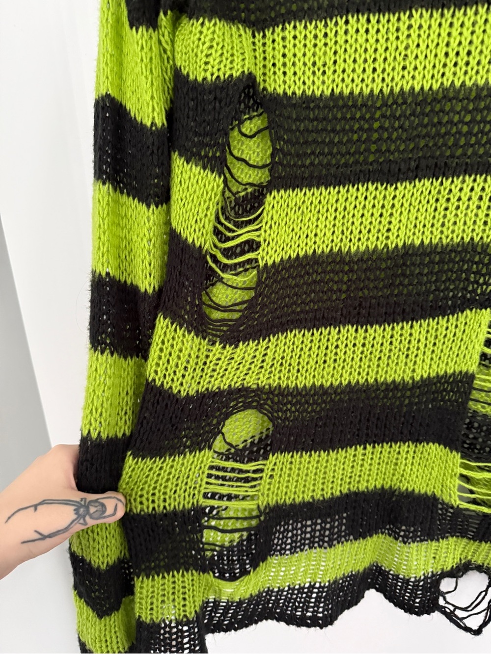 Killstar Black and Lime Striped Distressed Knit Sweater - Picture 4 of 7